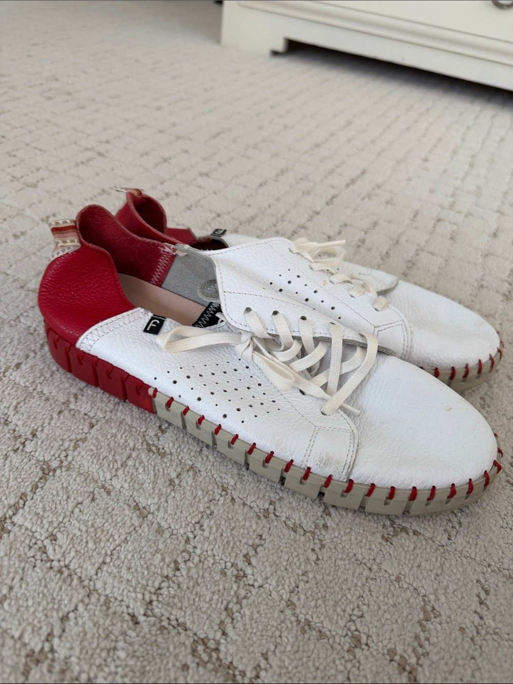 Fabiolas White Leather Sneakers with Red Heel Accent